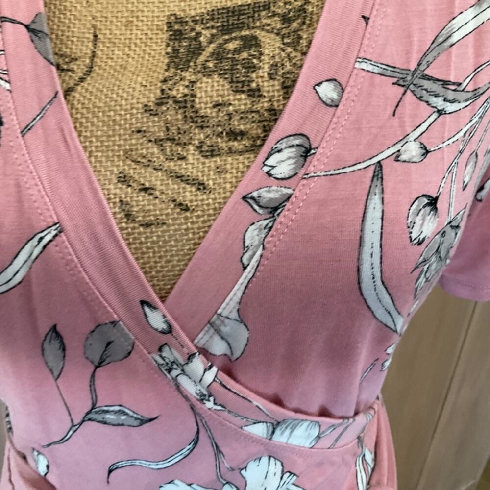 MATTY M Blush Pink faux wrap Dress Short Sleeve Jersey floral Cottagecore  L - Picture 5 of 14
